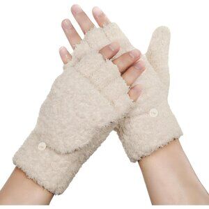 Women's Beige Fingerless Flip Top Cover Knitted Wool Warm Fabric Mittens Gloves